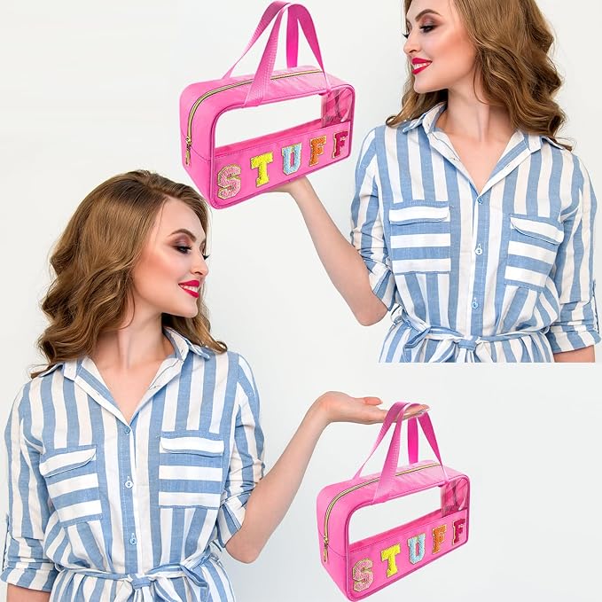 Bunliuys Chenille Letter Clear Makeup Bag Stuff Patch, Travel Toiletry Makeup Bag with Handle, Nylon Waterproof Makeup Bags clear cosmetic bag, preppy patch makeup bag for Women (STUFF-Hot Pink) - Image 6