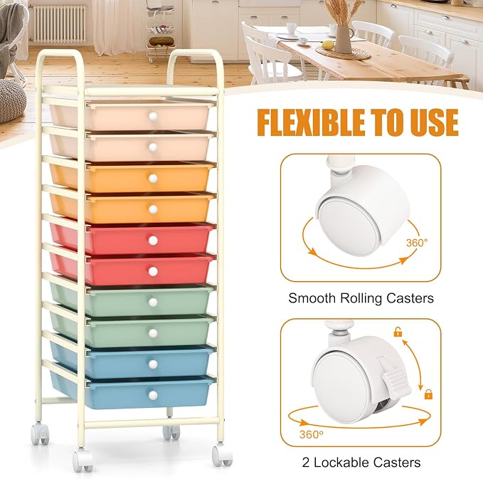 HOMGX Storage Cart with 10 Drawers, 10 Tiers Rolling Drawer Cart with 2 Lockable Wheels, Slim Rolling Storage Cart for Office/School/Home, Macaron - Image 6