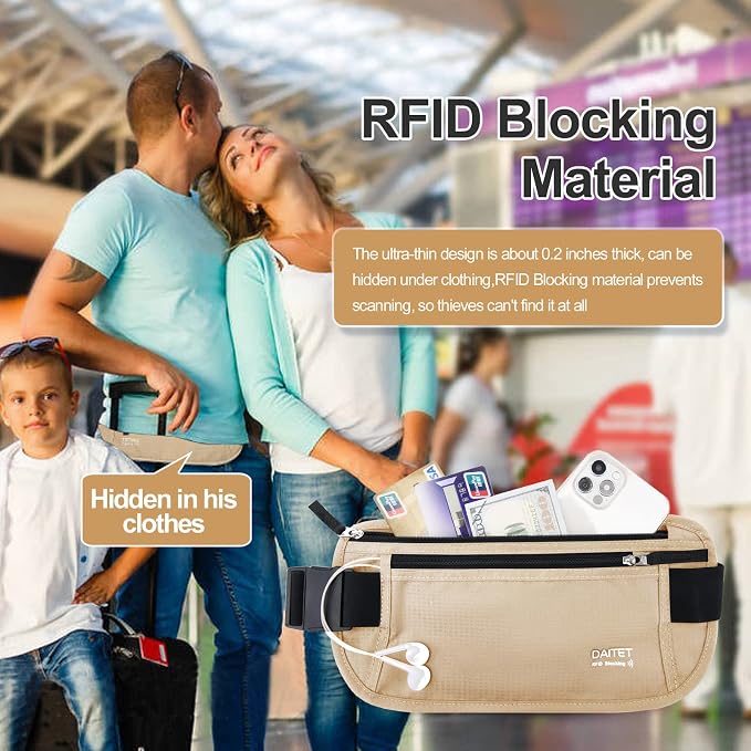 RFID Blocking Money Belt for Men Women, Slim Fanny Pack For Travel，Running,Conceal Waist Wallet For Passport Holder,Phone,Cash(Black Beige), Black Beige - Image 7