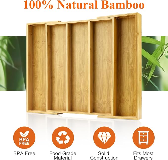 Expandable Bamboo Silverware Drawer Organizer Large Kitchen Utensils Tray | Wide Cooking Utensils Drawer Big Spoon Divider Adjustable Tongs Spatula Organizer Knife Cutlery Tray Wood Flatware Holder - Image 5