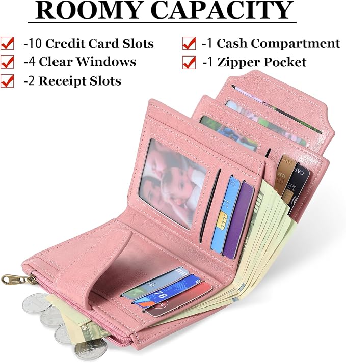 Small Wallet Women RFID Blocking Soft Leather Bifold Compact Card Holder Wallet for Women with Zipper Coin Pocket 4 ID Window - Image 2