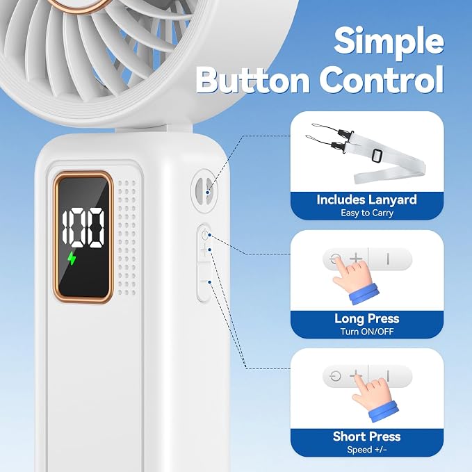 Handheld Fan, 5 Speed & 14H Cooling Time Portable Fan, 6000mAh USB Rechargeable Mini Fan with LED Display, Powerful but Quiet, Foldable Desk Fan, Lanyard for Neck Fan, Personal Fan for Travel/Office - Image 6