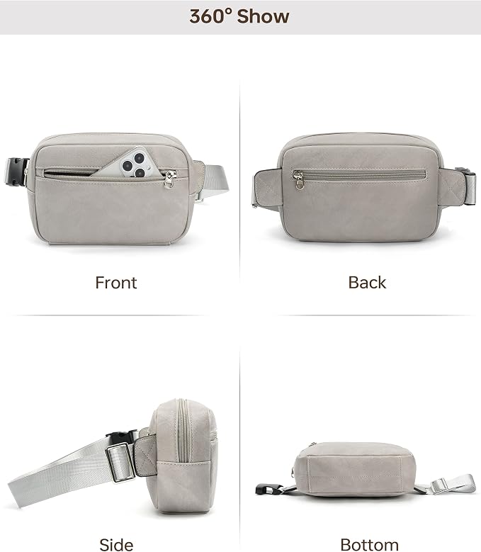 Vegan Leather Men's Women's Outdoor Sports Waist Bag Fanny Packs with Adjustable Strap for Travel, Hiking, Climbing, Jogging, Hiking - Light Grey - Image 7