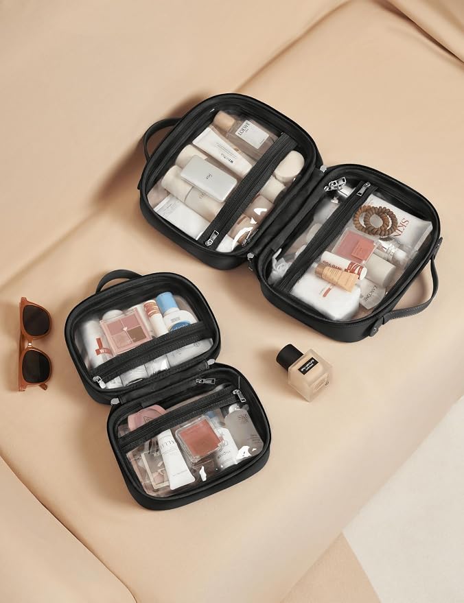 Clear Cosmetic Bag Double Layer Travel Toiletry Bag Clear Makeup Bag Case with 4 Compartments, Transparent Travel Bag for Toiletries, Large Toiletry Bag for Women Cosmetic Case (Black, Large) - Image 7