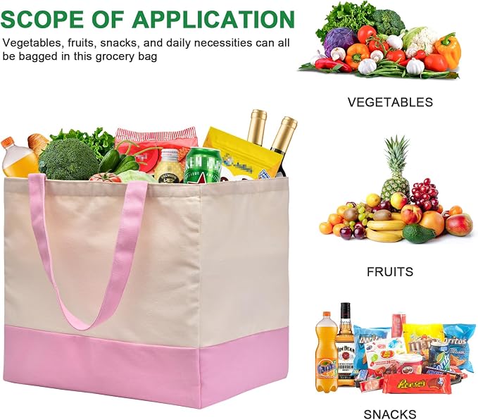 3 Pack Canvas Reusable Grocery Bags Heavy Duty, 8.3 gal Foldable Large Tote Bag with Handles, Holds 60 lbs Canvas Shopping Bags & Washable Eco-friendly Bags with 5 Pockets, Pink+Off white - Image 4