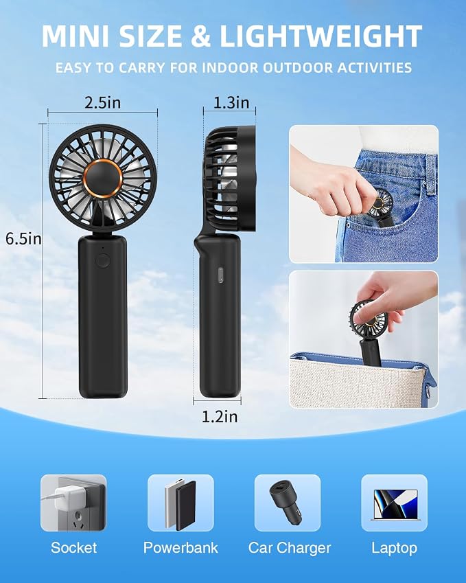 Portable Handheld Fan, Mini Desk Fan Foldable 2000mAh, 180° Ratotion, 3 Speeds, Ultra Quite, Up to 8H Long Use Time, Small Personal Cooling Fans Makeup Lash Fan for Women Girls - Image 7