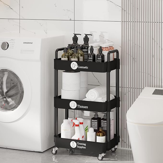 Laiensia 3-Tier Storage Carts,Multifunction Utility Rolling Cart Kitchen Storage Organizer,Mobile Shelving Unit Cart with Lockable Wheels for Bathroom,Laundry,Living Room,With Classified Sticker,Black - Image 8