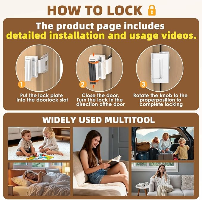 Portable Door Lock,Security Door Reinforcement Lock,No Drilling(White-3PCS) | Portable Door Lock for Travel,Interior Doors for Apartments,Hotels,bedrooms - Image 4
