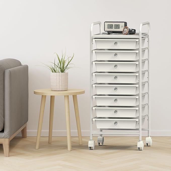Simple Houseware 8 Drawers Rolling Utility Cart Art Craft Storage, White | 1-Column, 30.25" Height, Lockable Wheels, for School, Office, Art Craft, and Paper Storage - Image 7