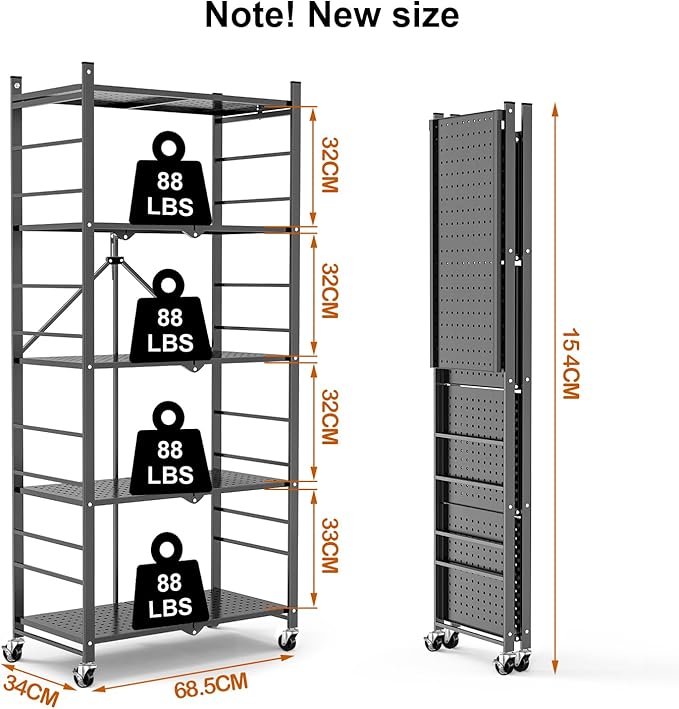 Himix 5-Tier Foldable Storage Shelves with 20 Hooks Wheels Grey Display | Folding shelving units, Metal collapsible organization, Wire shelf, No assembly, Bookshelf, Kitchen, Home rack, Holds 440 Ibs - Image 2