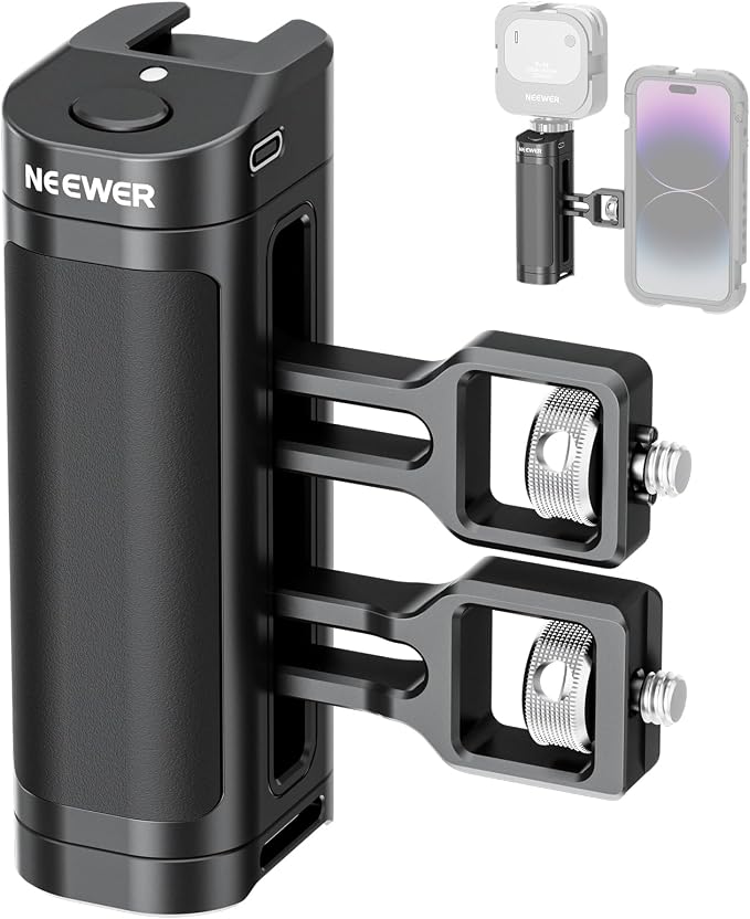 NEEWER Side Handle Grip with Wireless Remote Control Button Shutter Trigger for Smartphone Cage Video Rig, 2 Mount Adapters with 1/4" Screws & Locating Pins, Compatible with SmallRig Cages, PA005E by Neewer