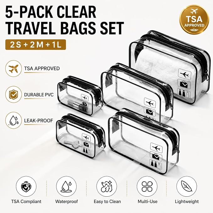 5 Pack Clear Toiletry Bag Clear Makeup Bag Zipper Toiletry Pouch | Includes 2S 2M 1L PVC Cosmetic Pouches with Zipper for TSA Toiletry Bag Set Travel Packing and Daily Organization - Image 2