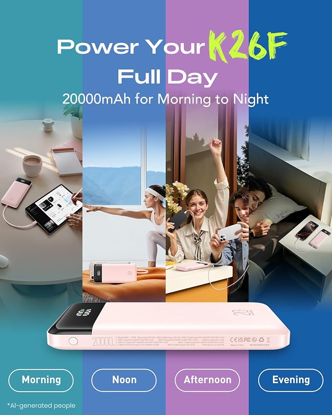 Orfeika 20000mAh Power Bank, Portable Charger with 4 Built-in Cables | 20W PD USB C Fast Charging,6 Outputs,LED Display,Flight-Safe,Travel Essentials Battery Pack for iPhone, Galaxy, iPad & More - Image 9