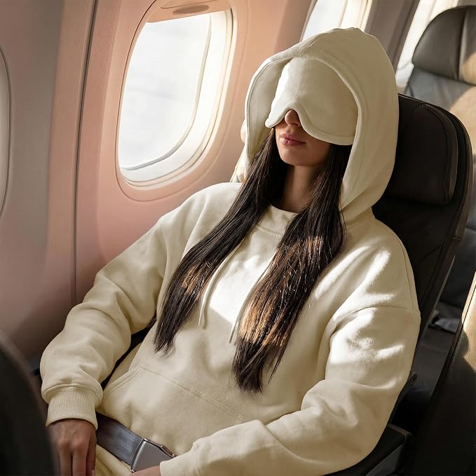 Ainangua Womens Oversized Pullover Essentials Hoodie with Eye Mask Comfor Airplane Mode Travel Office Vacation Sweatshirts (Beige,M) - Image 2