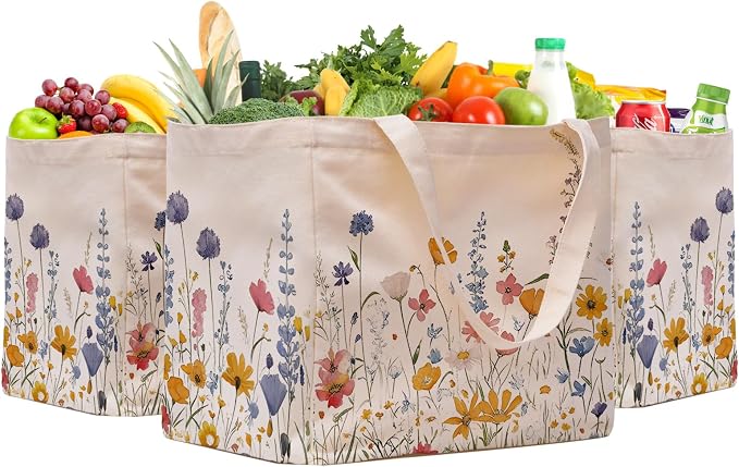 Aesthetic Canvas Reusable Grocery Bags Heavy Duty, 8.3 gal Foldable Large Tote Bag with Handles, Holds 60 lbs & Washable Eco-friendly Bags with 5 Pockets, Beige with a print 3 Bags（Wildflowers） - Image 6
