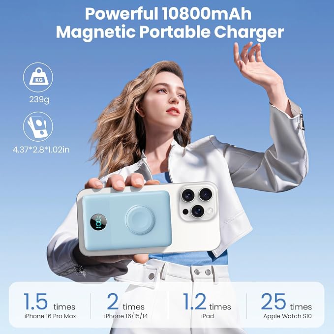 Magnetic Portable Charger 10800mAh with Built-in Cables,Wireless Power Bank,25W PD Fast Charging USB-C Travel Essentials Battery Pack for iPhone 17/16/15/14/13/12 Series,Apple Watch-Light Blue - Image 2