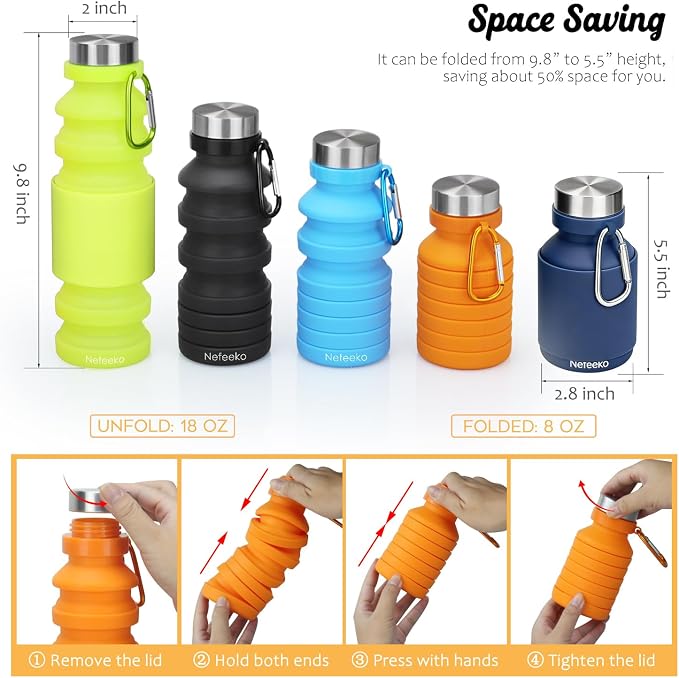 Nefeeko Collapsible Water Bottle, Reuseable BPA Free Silicone Water Bottles | Foldable Water Bottles for Travel Gym Camping Hiking, Portable Leak Proof Sports Water Bottle with Carabiner - Image 2