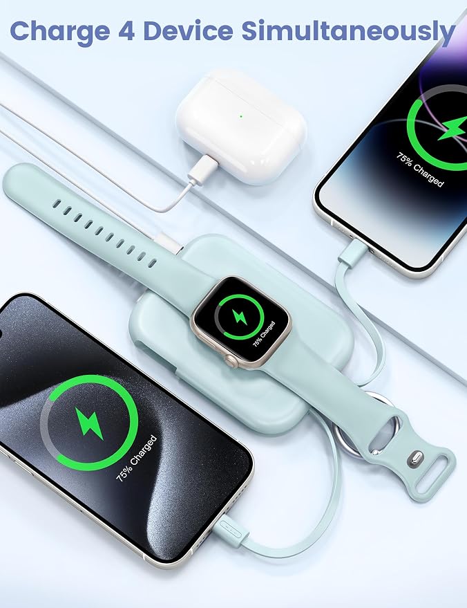 RORRY CharmGo Portable Charger, 5000mAh Portable Charger Power Bank | Built-in Cables,Travel Keychain Battery Pack Essentions for Apple Watch 1~11 Series/Ultra/SE & iPhone Air/17/16/15/14/13/12 - Image 4