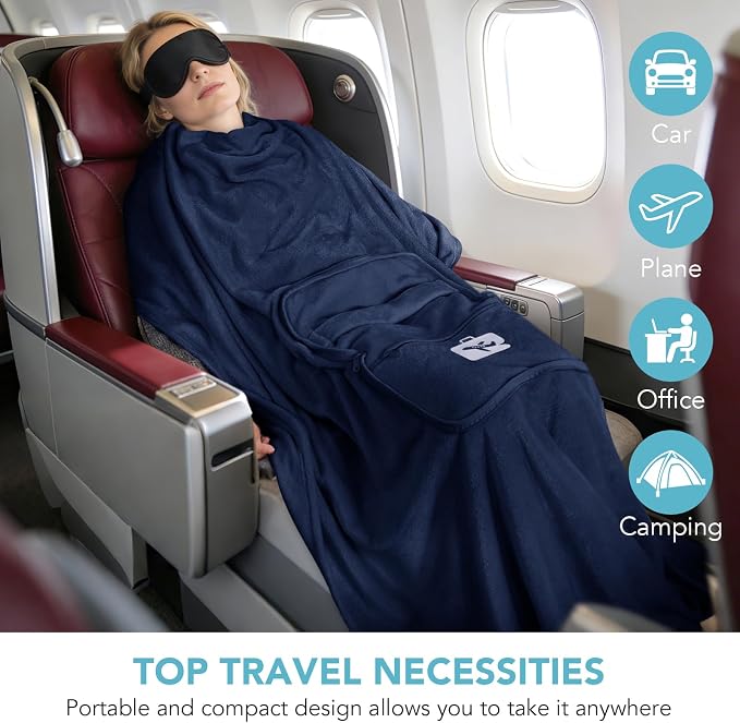 Travel Pillow and Blanket 2-in-1 Set, Navy Blue, 60x50 Inch | Plane Packable , Soft Warm and Lightweight Flannel, Hand Luggage Sleeve and Backpack Clip, Plane Flight Car Trips - Image 5
