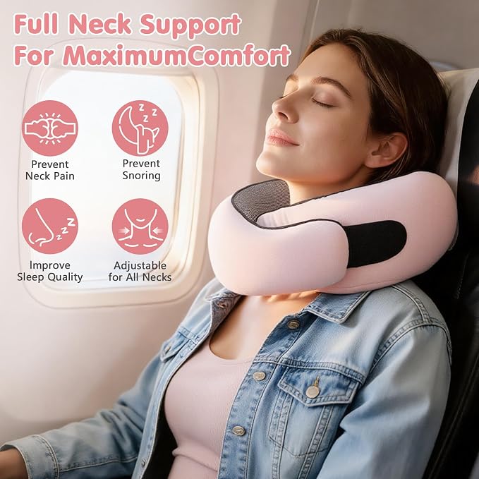Memory Foam Neck Pillow,2026 World Cup Travel Pillow,Neck Pillow Airplane with Eye Mask & Ear Plugs,Memory Foam 360 Degree Support Stowable Pillows for Airplanes Offices and Cars (Pink) - Image 2