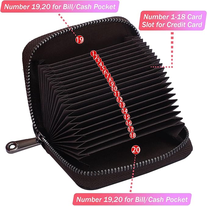 Linno RFID 20 Slots Credit Card Holder Genuine Leather Small Wallet for Women or Men with Zipper - Image 2
