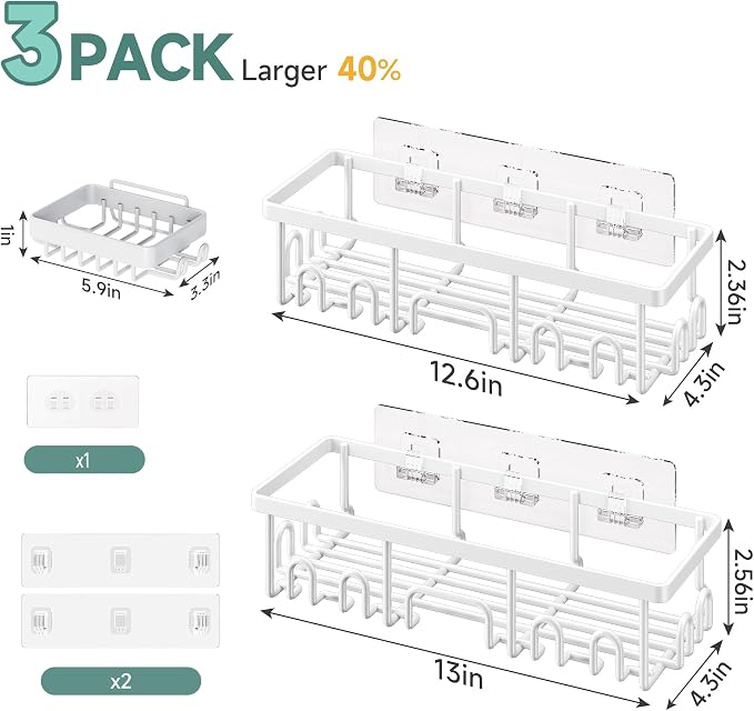 Veken Shower Caddy 3-Pack, Advanced Rustproof Design, No Drilling Adhesive Shelves, Rack with Soap Holder, Large Capacity Bathroom Organizers and Storage, Wall-Mounted Kitchen & Home Decor, White - Image 5