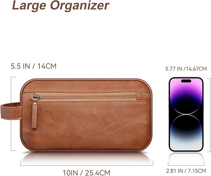 Travel Toiletry Bag for Men and Women, Travel Shaving Dopp Kit Water-resistant Bathroom Toiletries Organizer PU Leather Cosmetic Bags (Dark Brown) - Image 2