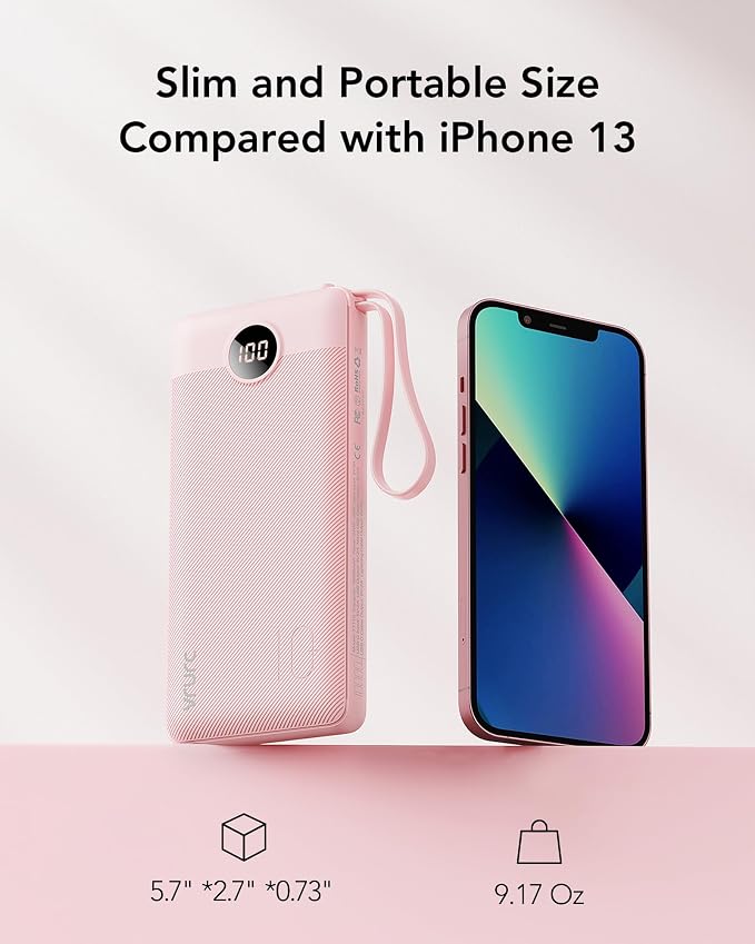 VRURC Portable Charger Power Bank, Built-in 4 Cables & 2 Ports,10000mAh Slim Battery Pack with LED Display, Travel Essential USB C Portable Phone Charger for All Cell Phones Devices-Pink(1 Pack) - Image 5