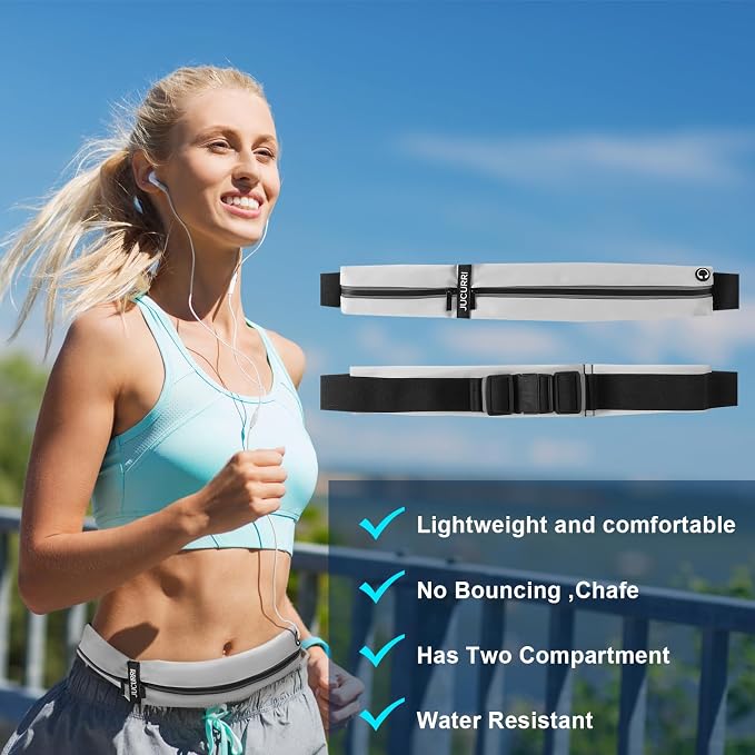 Slim Running Belt for Women and Men, Waterproof Phone Holder for Running, Reflective 2-Pocket Waist Pack for Storing Runner's Essentials Safely, Runner's Fanny Pack, Money Belt Fits Most Phones, Grey - Image 2