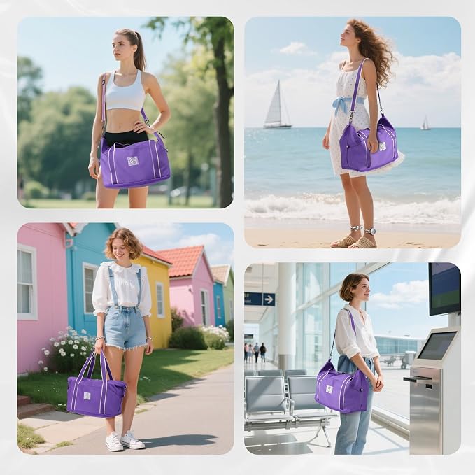 WALNEW Travel Duffel Bag, Weekender Bag for Women, Purple | Overnight Carry On Bag, Foldable Waterproof Gym Luggage with Metal Buckle Detachable Shoulder Strap and Wet Compartment - Image 8