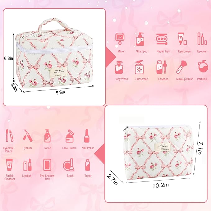 URSKYTOUS 2Pcs Cotton Quilted Makeup Bag for Women Girls Large Small Travel Floral Cosmetic Bags Set Cute Coquette Pink Makeup Pouch for Purse Aesthetic Cloth Flower Storage Toiletry Bag Organizer - Image 2