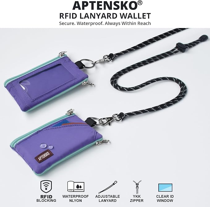 RFID Blocking Travel Wallet with Adjustable Lanyard, Small Nylon Zipper Pouch and Badge Holder for ID, Credit Cards, Cash, Keys, Commuters (Violet) - Image 2