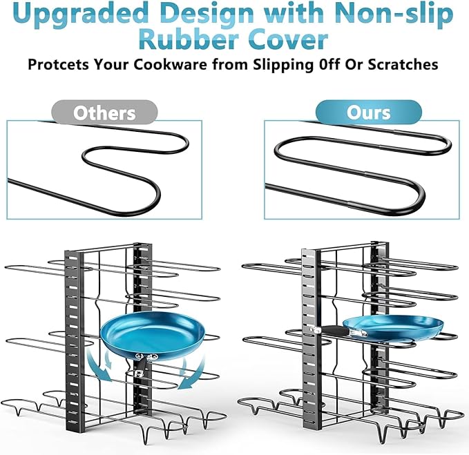 Pots and Pans Organizer Under Cabinet 16.6", 8-Tier Adjustable Rack | 3 DIY Modes, Tool-Free Assembly, Non-Slip, Fits Lightweight Cookware Up to 11", For Kitchen Cabinets, Shelves & Countertops - Image 4