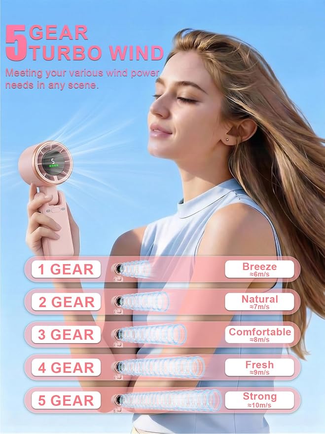 Portable Handheld Turbo Fan, 5 Gear Wind, Battery Operated, Up to 13 Working Hours Rechargeable Fan, 3 IN 1 Hand Fans with Air Turbo Tech Cooling Fan for for Travel, Beach, Outdoor - Pink - Image 3