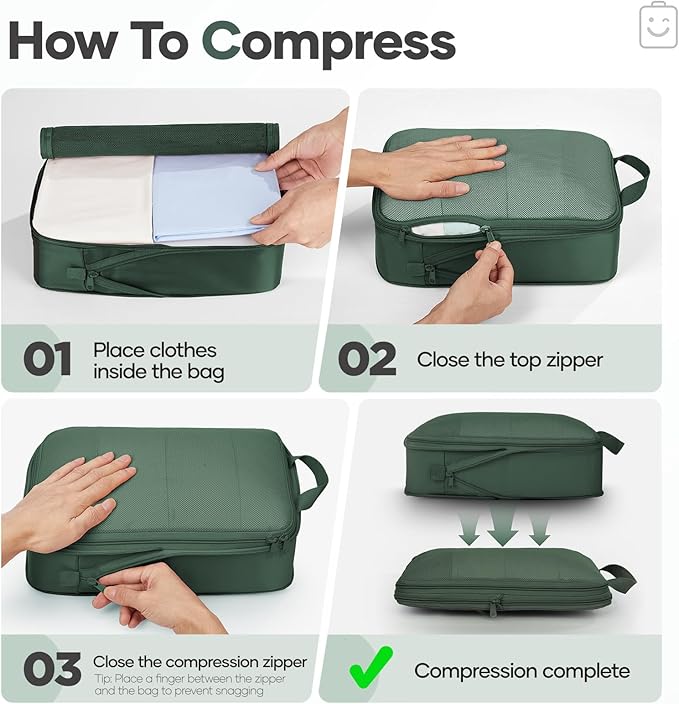 Veken 9/11 Set Compression Packing Cubes Garment Bags for Travel Essentials,Compressible Expandable Luggage Organizer Bags for Clothing,Space Saver Bags with Over 1000 pcs of Mesh Holes(Dark Green) - Image 3