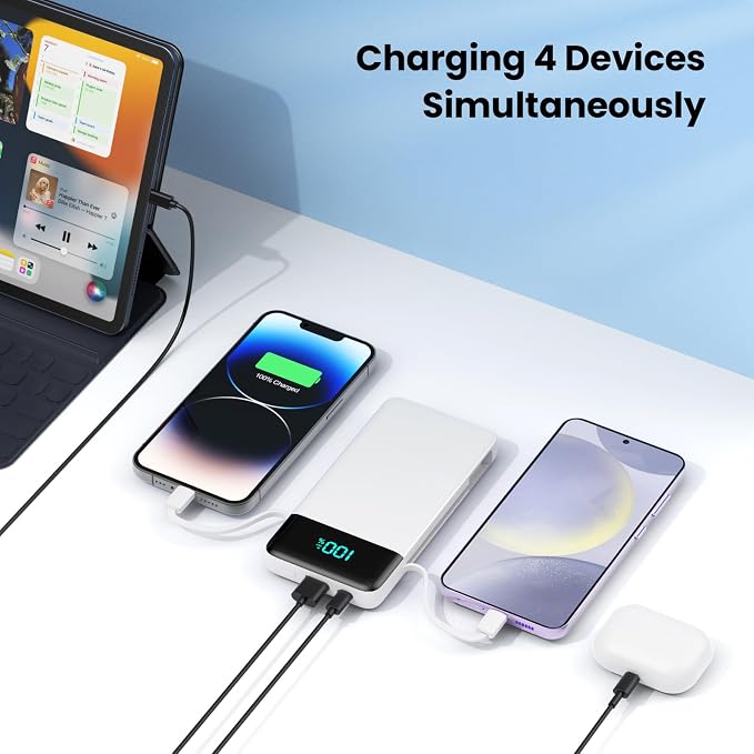 Portable Charger for iPhone,13800mAh Slim Power Bank with Built-in Cables & AC Wall Plug,All in One 4 Outputs USB C Fast Charging Battery Pack Travel Essential for iPhone 17/16/15/14,Android (White) - Image 3