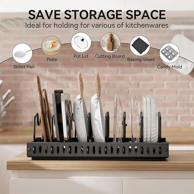 AmoiChic 2 Pack Pull Out Cabinet Organizer for Pots and Pans, Black Storage Rack with 8 Adjustable Dividers, Kitchen Cabinet Organizer for Pot Lids, Bakeware, Dishes Storage - Image 3