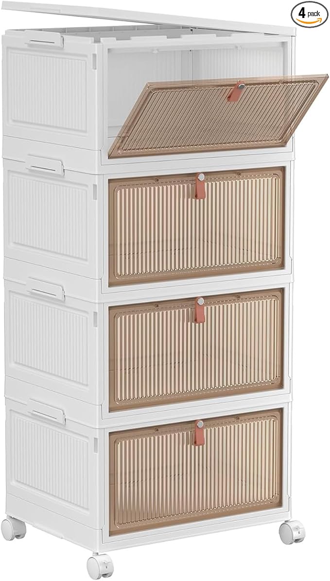 YFXCVSL 4 Tier Plastic Storage Bins with Lid 32QT, Stackable Storage Bins | Plastic Storage Bins with Wheels, Folding Storage Boxes, Organizers and Storage for Living Room,Office,Dorm by YFXCVSL