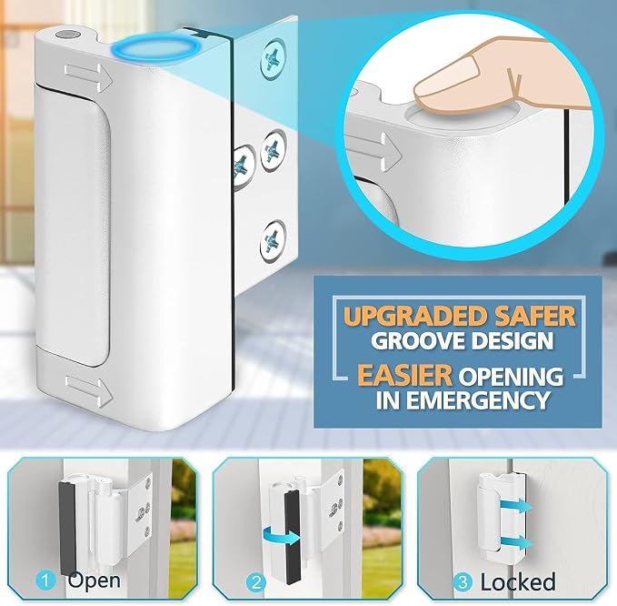 Home Security Door Reinforcement Lock Front Door Lock for Kids Safety Latch | Child Proof Door Locks for Inward Swinging Doors from Inside Withstands 800 lbs Extra Top Deadbolt Latch Guard Bedroom, White - Image 4