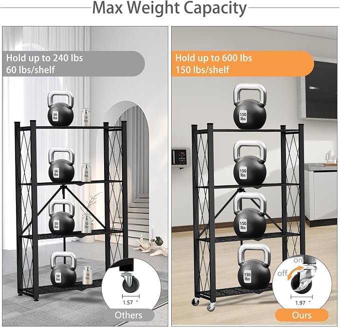 4 Tier Foldable Storage Shelf with Wheels, Metal Steel Collapsible Shelves | Heavy Duty Folding Shelf Loads 600 LBS, Rolling Standing Utility Rack for Kitchen, Pantry, Office, Black - Image 5