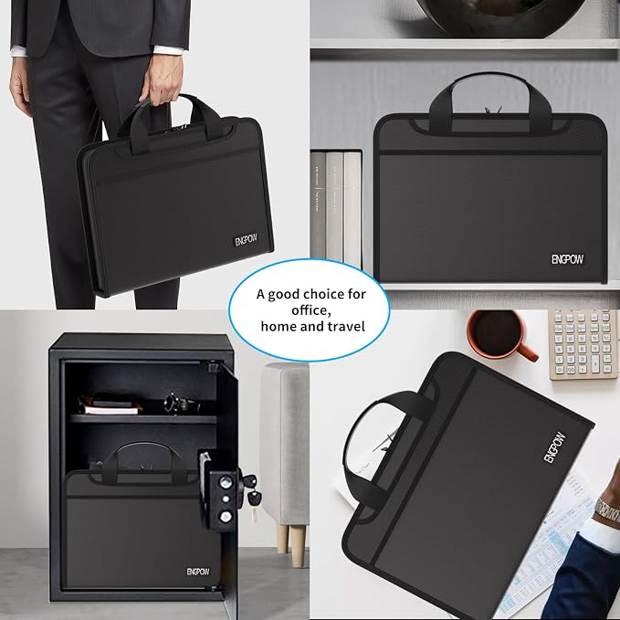 ENGPOW Accordion File Organizer, Fireproof 5200°F Expanding File Folder with 13 Pockets Document Organizer with Handle & Labels, Portable Home Office Travel Safe Storage for Letter A4 Files, Black - Image 8