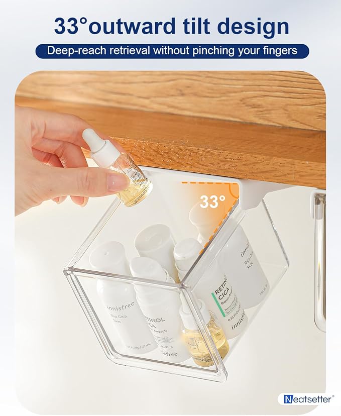 Hanging Cabinet Organizer – 33° Tilted Under Desk Drawer & Bathroom Storage – Self-Adhesive Clear Pull-Out Bins for Kitchen, Office & Vanity (Small) - Image 2