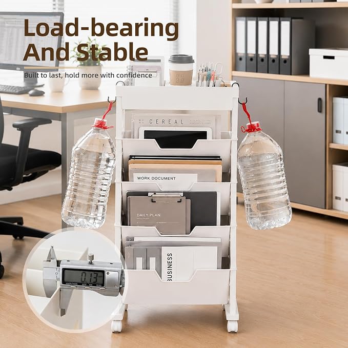 5-Tier Rolling Bookshelf, Rolling Book carts with wheels,Book Storage Rack | Utility Carts, Movable File Folder Organizer Cart for Home,Study,Office,Living Room,Classroom - Image 5