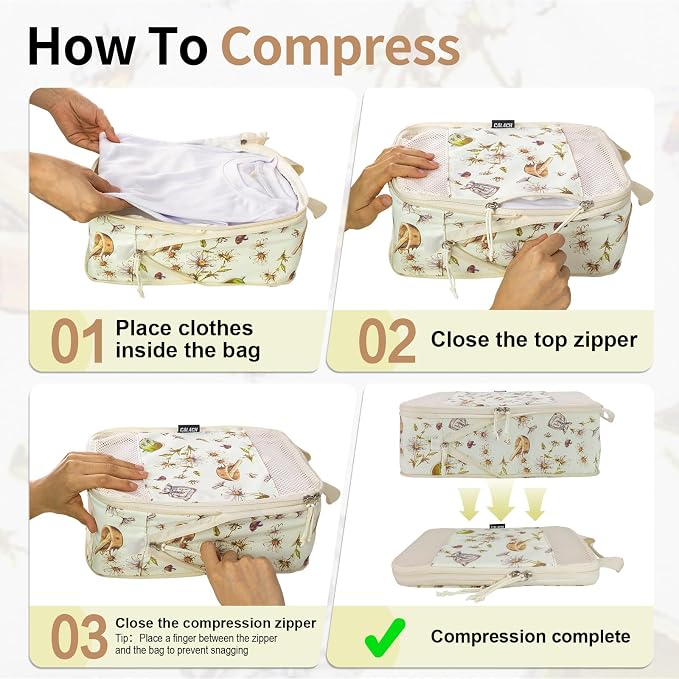 Compression Packing Cubes for Travel Essential, 4 Set Compression Bags for Travel Packing Organizer, Expandable Compression Cubes for Travel, Standard, Herbal - Image 4