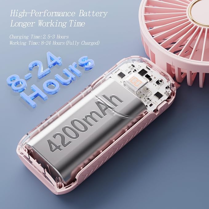 GOCKERA Portable Fan, 4200mAh Battery Operated Fan, 5 Speeds&Digital Display, Makeup Fans for Women with Base, 180°Foldable 3in1 Handheld/Neck/Desk Fan for Outdoor Indoor,Ultra Quiet (Pink) - Image 3