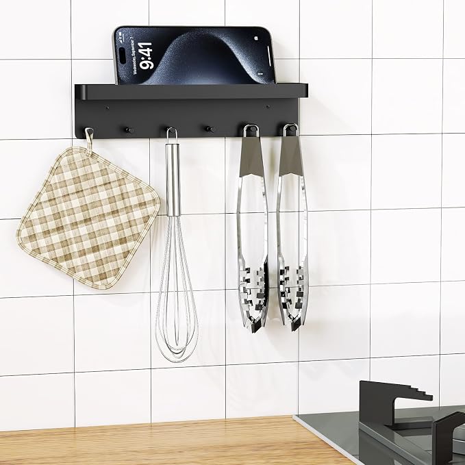MKO Key Holder Wall Mount, Key Holder Wall Mount Adhesive with Mail Organizer Tray with 6 Key Hooks for Wall, Black | Metal Material, Key Rack with Shelf, Mail Organizer Tray for Entryway, Hallway, Living Room - Image 7