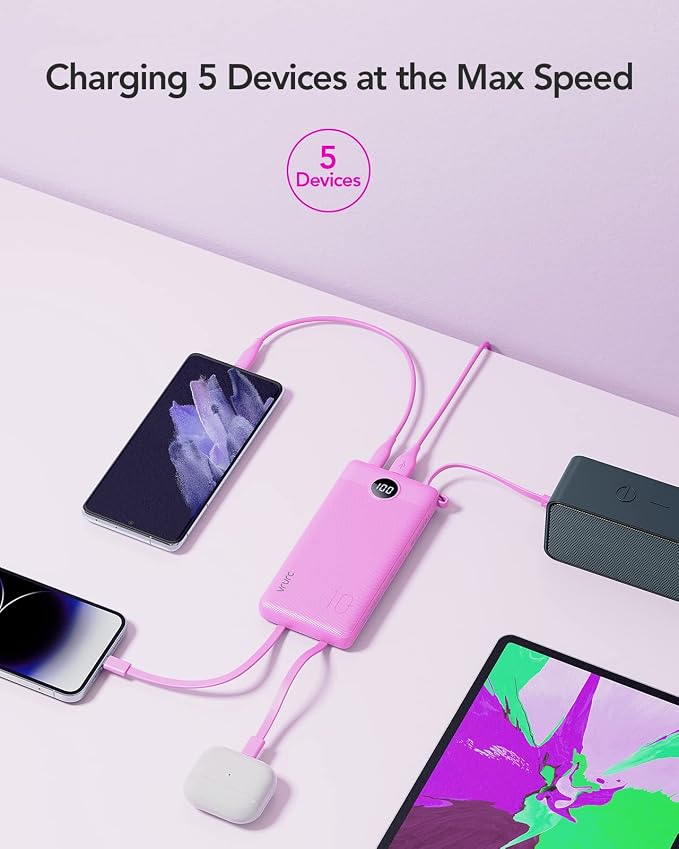VRURC Portable Charger, Built-in 4 Cables Power Bank 10000mAh, Lightweight USB C Portable Phone Charger, 5 Output 2 Input Compatible with Smart Phones,Samsung,Android etc-Purple(1 Pack) - Image 4