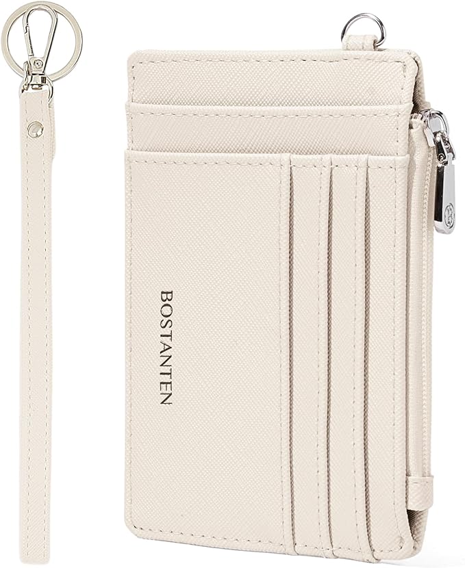 BOSTANTEN Credit Card Holder RFID Small Wallet for Women with Keychain | Slim, Wristlet, Zipper Coin Pocket, Pocket-Friendly, Vegan Leather, Minimalist, Gifts, Beige by BOSTANTEN