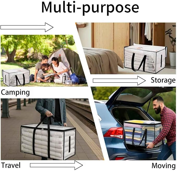 4 Pack-Extra Large Heavy Duty Moving Bags - Waterproof Storage Totes with Handles & Zippers, Foldable for College Dorm, Storage (Clear) - Image 8