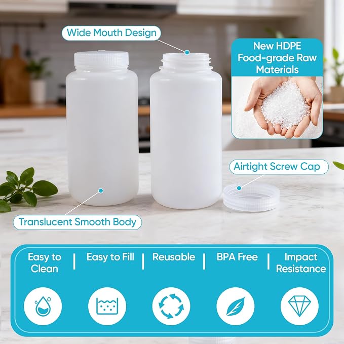 DEMORA 32 oz Plastic Bottles with Lids, Airtight Refillable Wide Mouth Travel Bottles for Toiletries, HDPE Food Grade Plastic Containers for Liquids Pill Water Sample Lab Reagent (Translucent, 2 Pcs) - Image 7